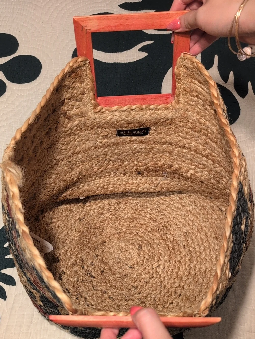 Olivia Miller Woven Straw Tote with Coral Square Handle